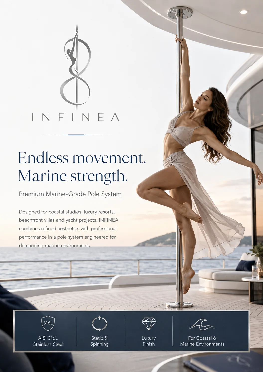 Concept visualization of an elegant pole artist in a marine-inspired architectural setting