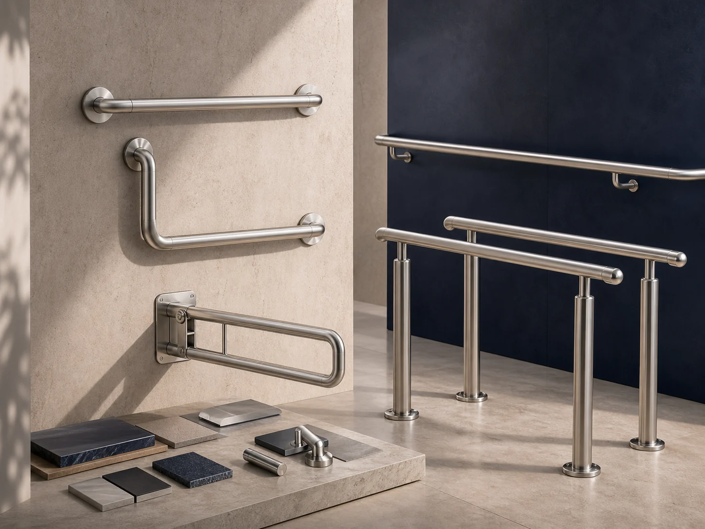 Famille de barres d’appui, support relevable et mains courantes en inox satiné