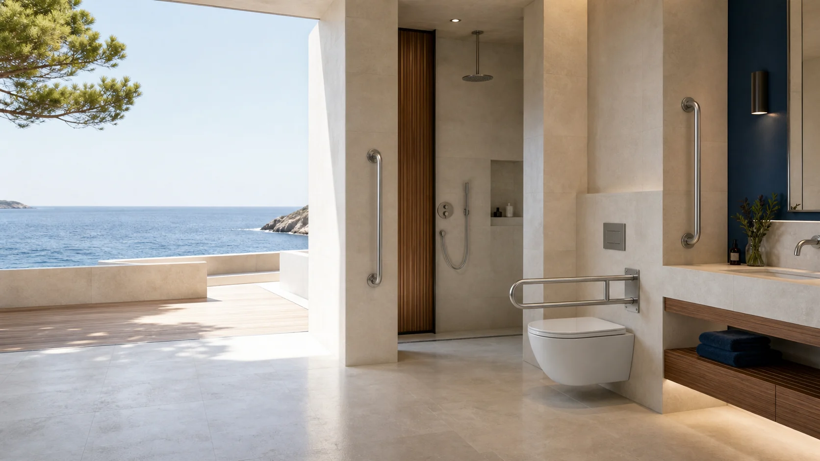 Salle d’eau accessible haut de gamme équipée de barres d’appui INFINEA Access en inox