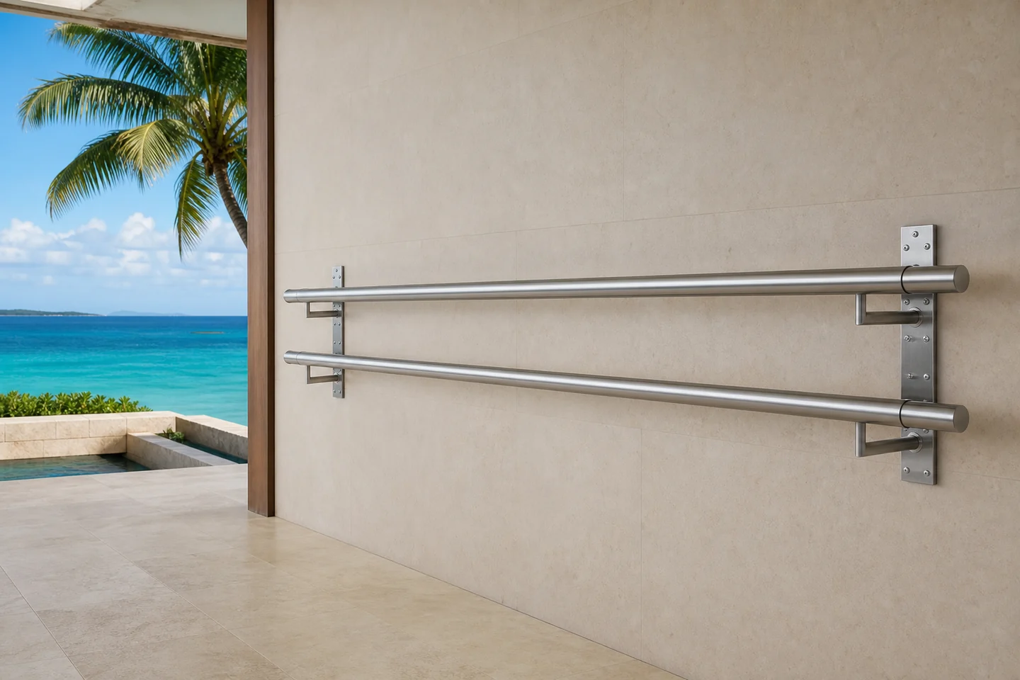 Double barre de mobilité INFINEA en inox marin sur une terrasse de Guadeloupe